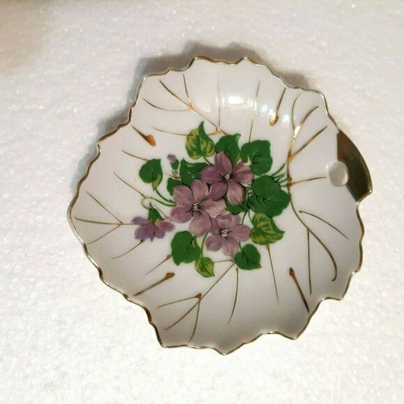 Nasco Purple Violet China Leaf Dish Tea Bag Trinket Gold Gilding Japan 5" - Picture 5 of 6